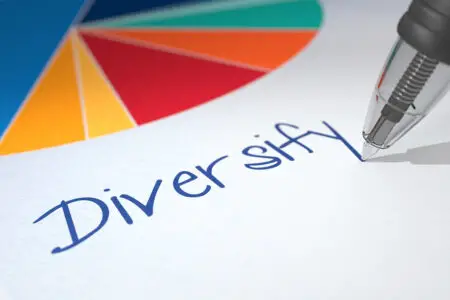 A pie chart with a pen writing "Diversify"
