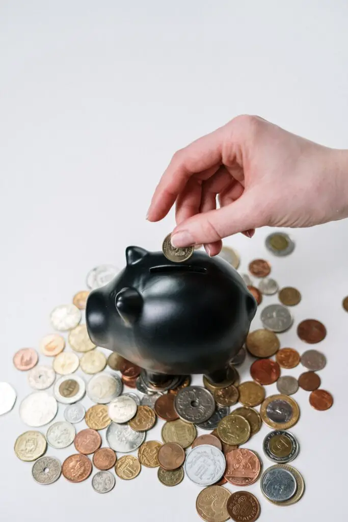 feeding a black piggy bank, symbolizing saving money for financial goals