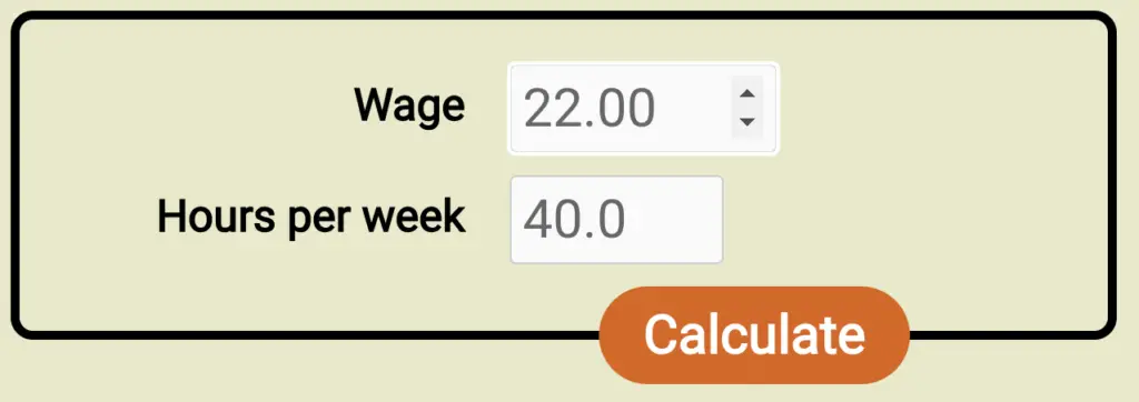 Screenshot of the form for the new wage to salary calculator, filled out with a wage of $22/hr and 40h workweek