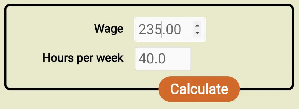 Screenshot of the form for the new wage to salary calculator, filled out with a wage of $235/hr and 40h workweek