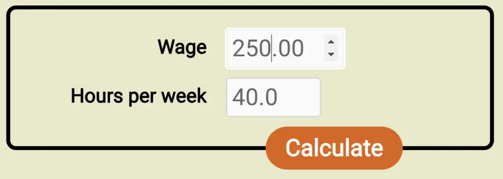 Screenshot of the form for the new wage to salary calculator, filled out with a wage of $250/hr and 40h workweek