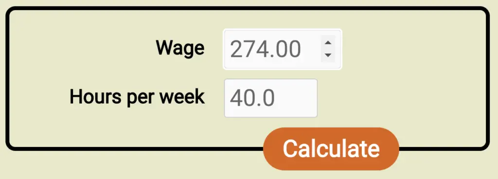 Screenshot of the form for the new wage to salary calculator, filled out with a wage of $47/hr and 40h workweek