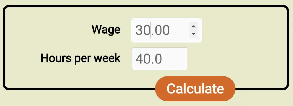Screenshot of the form for the new wage to salary calculator, filled out with a wage of $30/hr and 40h workweek