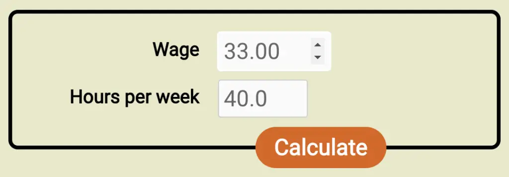 Screenshot of the form for the new wage to salary calculator, filled out with a wage of $33/hr and 40h workweek