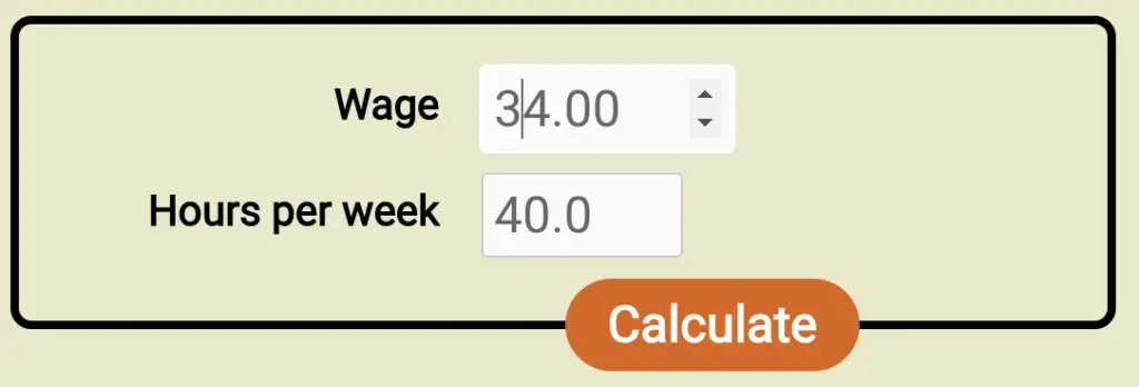 Screenshot of the form for the new wage to salary calculator, filled out with a wage of $34/hr and 40h workweek