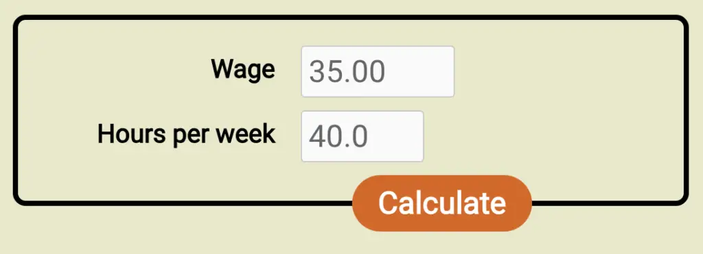 Screenshot of the form for the new wage to salary calculator, filled out with a wage of $35/hr and 40h workweek
