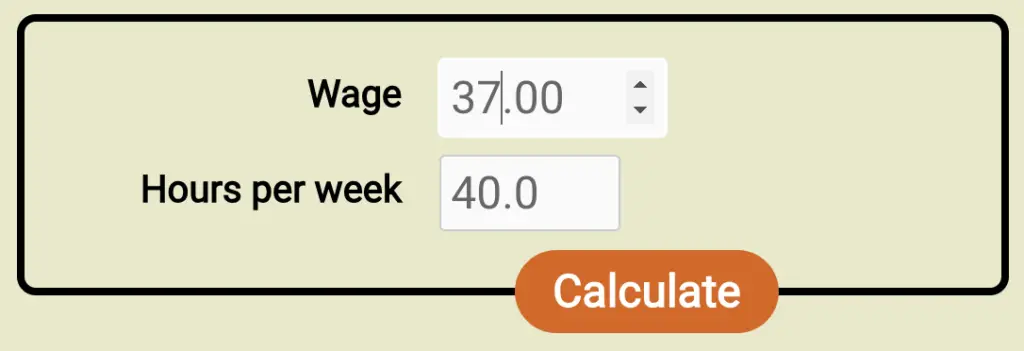 Screenshot of the form for the new wage to salary calculator, filled out with a wage of $37/hr and 40h workweek