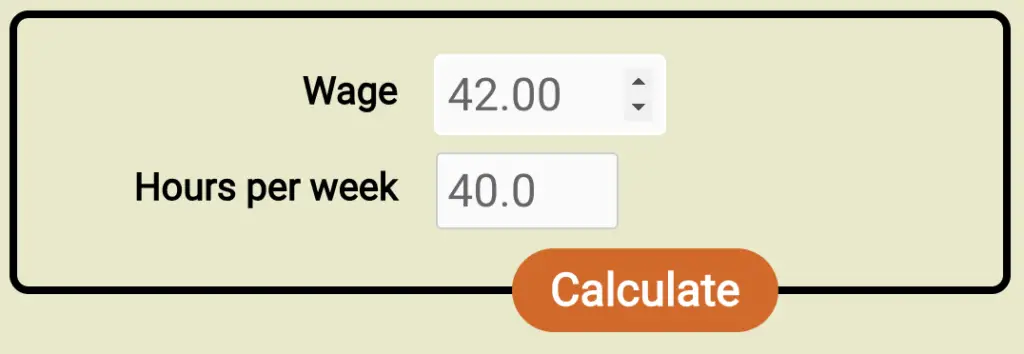 Screenshot of the form for the new wage to salary calculator, filled out with a wage of $42/hr and 40h workweek