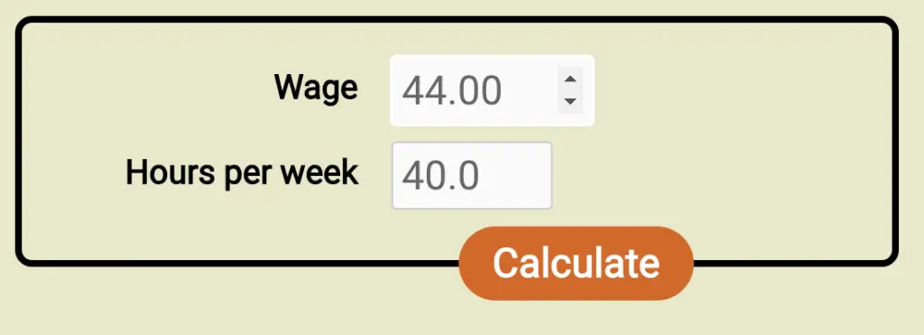 Screenshot of the form for the new wage to salary calculator, filled out with a wage of $44/hr and 40h workweek