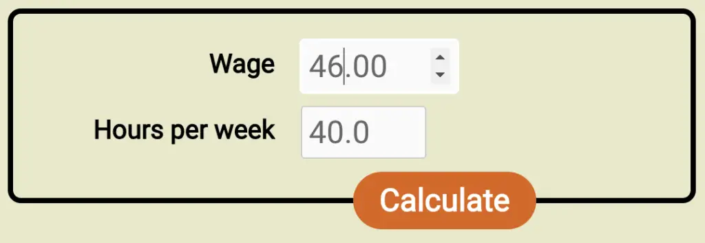 Screenshot of the form for the new wage to salary calculator, filled out with a wage of $46/hr and 40h workweek