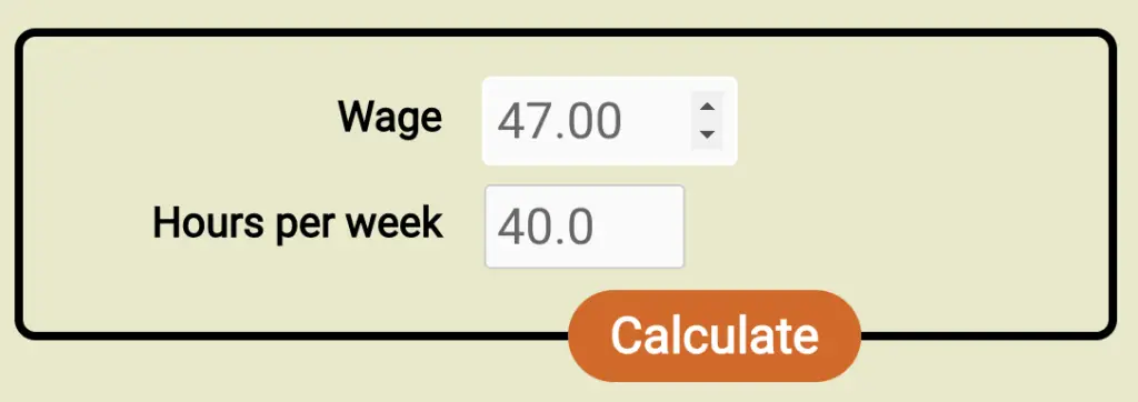 Screenshot of the form for the new wage to salary calculator, filled out with a wage of $47/hr and 40h workweek