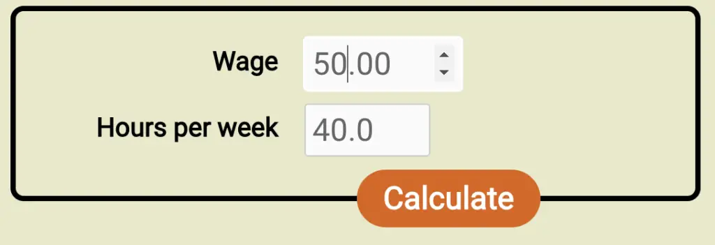 Screenshot of the form for the new wage to salary calculator, filled out with a wage of $50/hr and 40h workweek