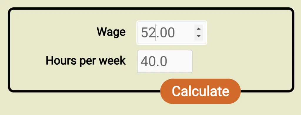 Screenshot of the form for the new wage to salary calculator, filled out with a wage of $52/hr and 40h workweek