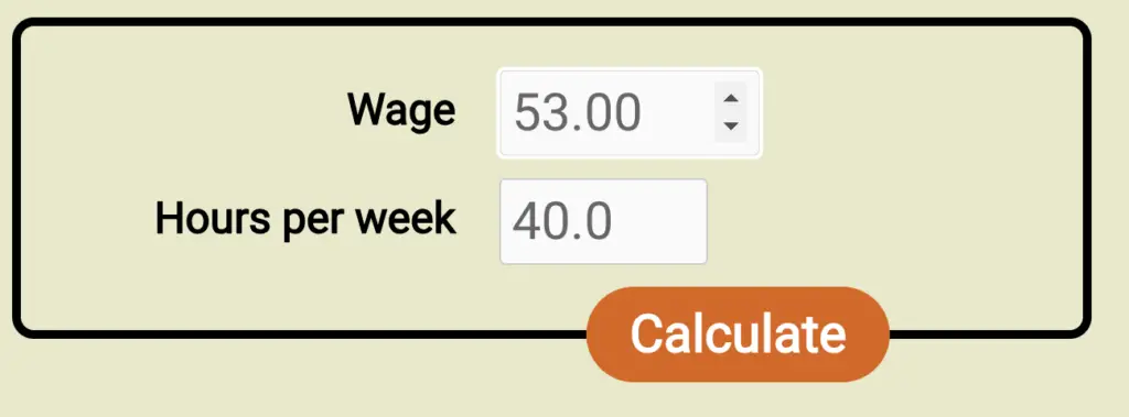 Screenshot of the form for the new wage to salary calculator, filled out with a wage of $53/hr and 40h workweek