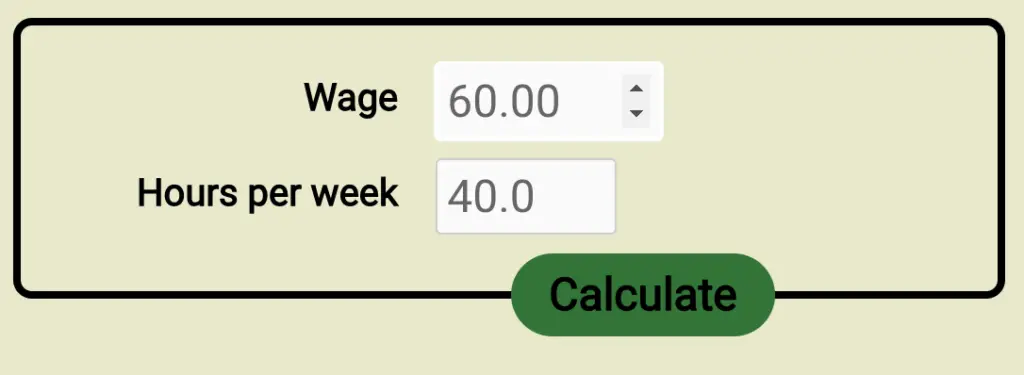 Screenshot of the form for the new wage to salary calculator, filled out with a wage of $60/hr and 40h workweek