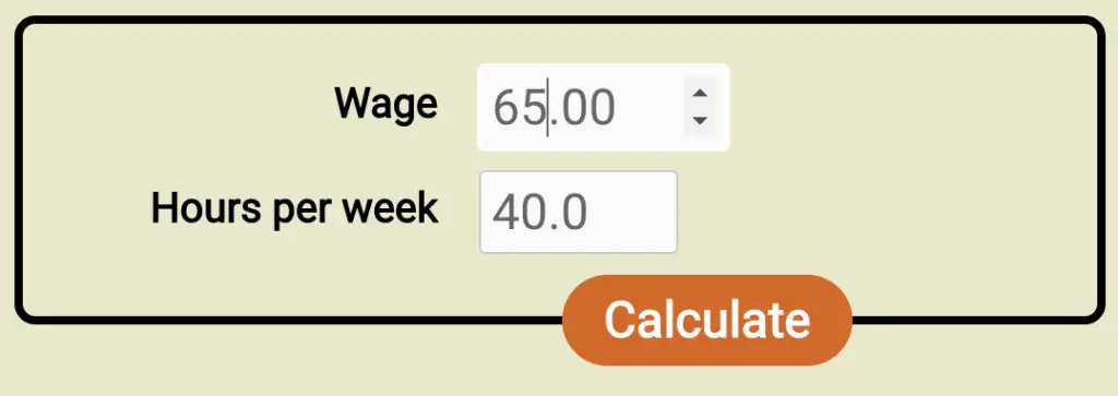 Screenshot of the form for the new wage to salary calculator, filled out with a wage of $65/hr and 40h workweek