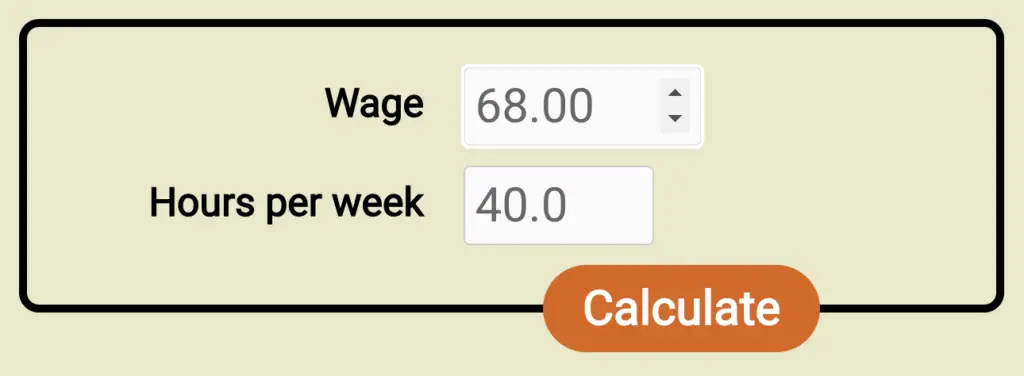 Screenshot of the form for the new wage to salary calculator, filled out with a wage of $68/hr and 40h workweek