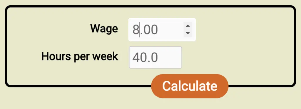 Screenshot of the form for the new wage to salary calculator, filled out with a wage of $8/hr and 40h workweek