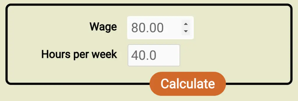 Screenshot of the form for the new wage to salary calculator, filled out with a wage of $80/hr and 40h workweek